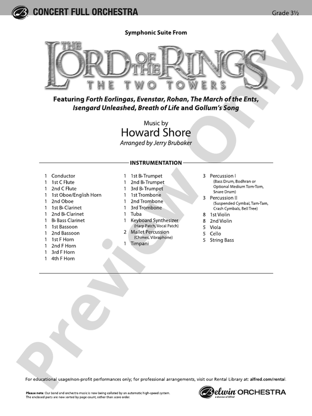 The Lord of the Rings: The Two Towers, Symphonic Suite from – Full Orchestra Conductor Score & Parts (Digital Download)