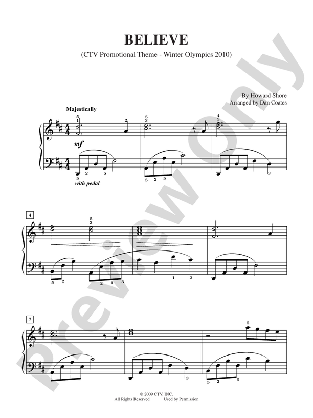 Believe (CTV Promotional Theme - Winter Olympics 2010) - Easy Piano (Digital Download)