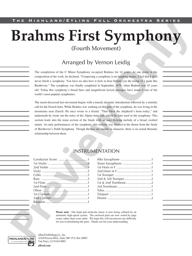 Brahms's 1st Symphony, 4th Movement – Full Orchestra Conductor Score & Parts (Digital Download)