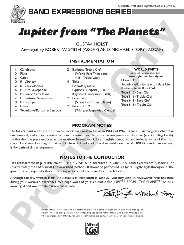 Jupiter from "The Planets" (Grade 1) - Concert Band Conductor Score & Parts (Digital Download)