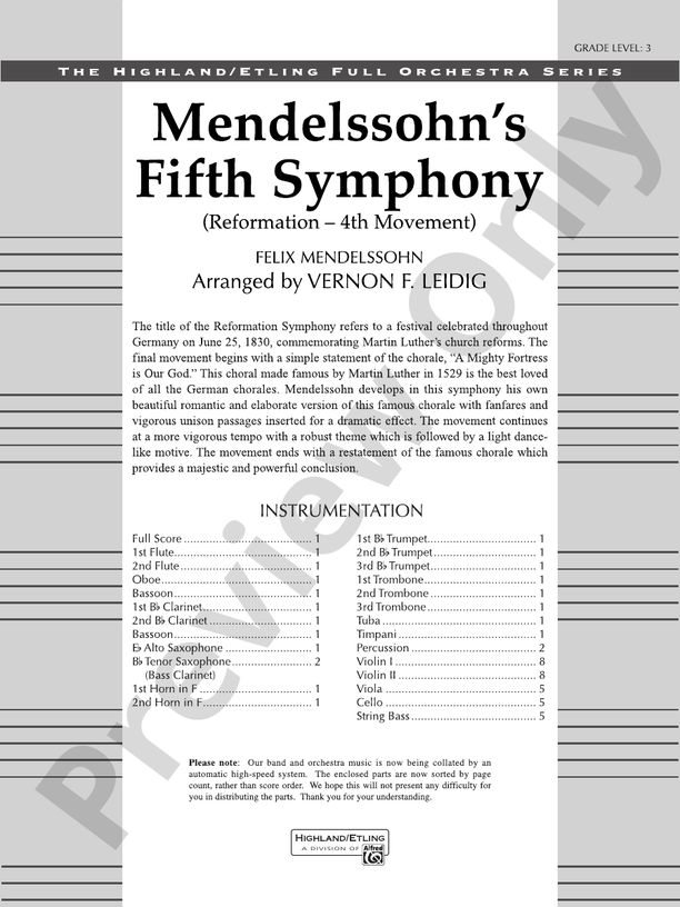 Mendelssohn's 5th Symphony "Reformation," 4th Movement – Full Orchestra Conductor Score & Parts (Digital Download)