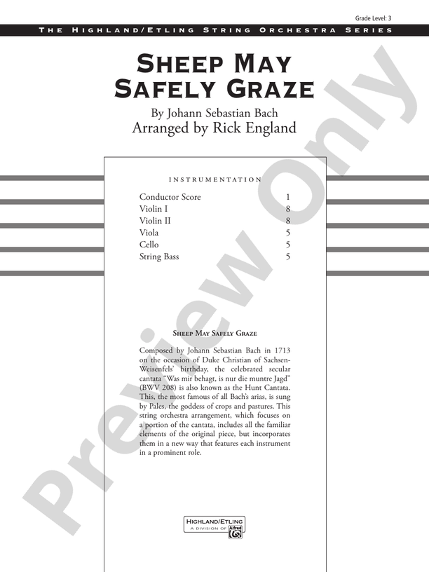 Sheep May Safely Graze (Grade 3) – String Orchestra Conductor Score & Parts (Digital Download)