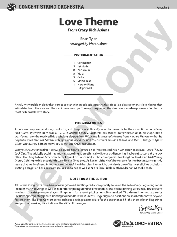 Love Theme - String Orchestra Conductor Score & Parts (Digital Download)