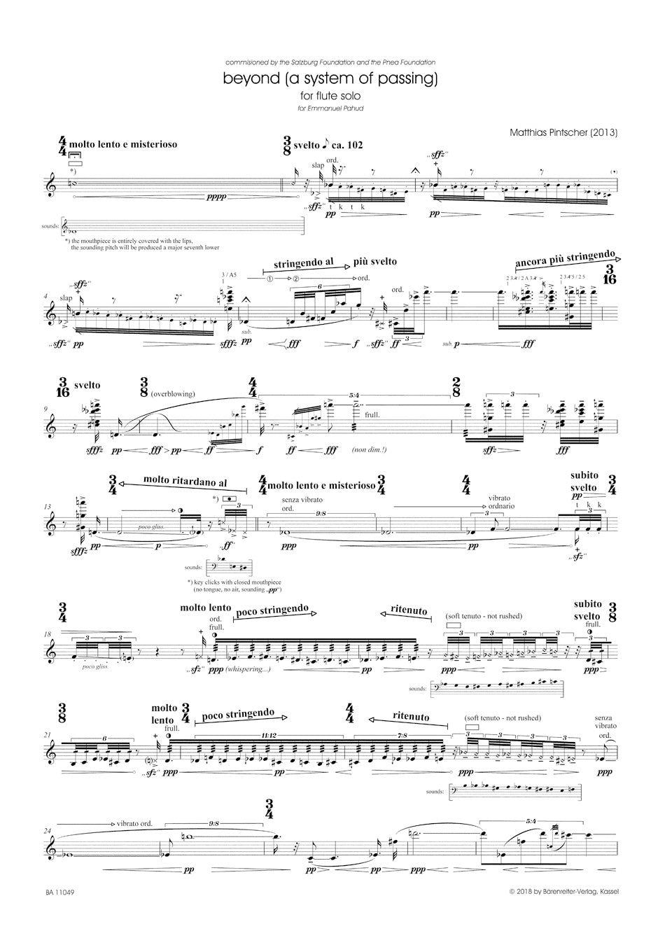 Beyond (a system of passing) for Flute Solo - Pintscher Matthias Barenreiter BA11049