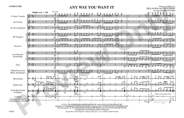 Any Way You Want It (Arr. Ralph Ford) – Marching Band Conductor Score & Parts (Digital Download)