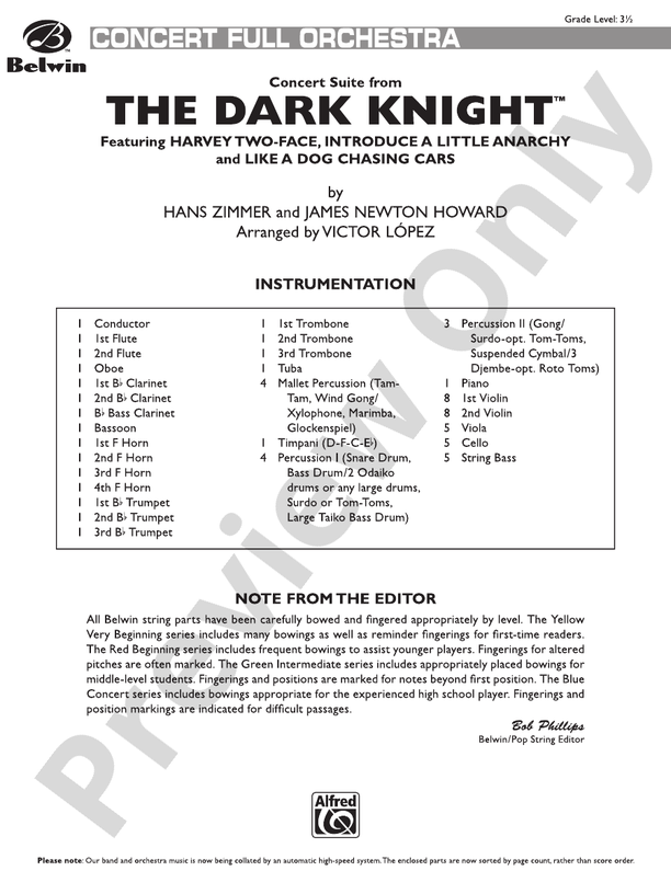 The Dark Knight, Concert Suite from – Full Orchestra Conductor Score & Parts (Digital Download)