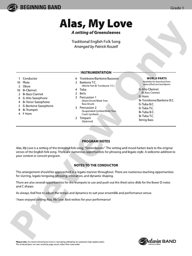 Alas, My Love - Concert Band Conductor Score & Parts(Digital Download)