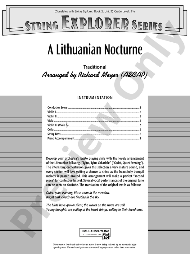 A Lithuanian Nocturne – String Orchestra Conductor Score & Parts (Digital Download)