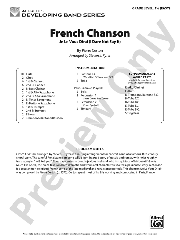 French Chanson – Concert Band Conductor Score & Parts (Digital Download)