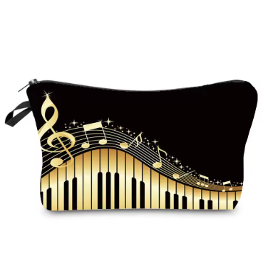 Pencil Case or Toiletry Bag Black with a Gold Keyboard and White Notes and Clefs