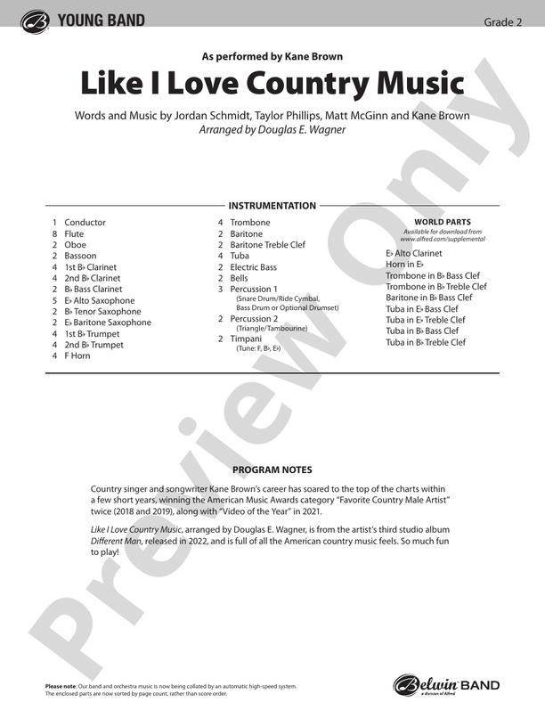 Like I Love Country Music - Concert Band Conductor Score & Parts (Digital Download)