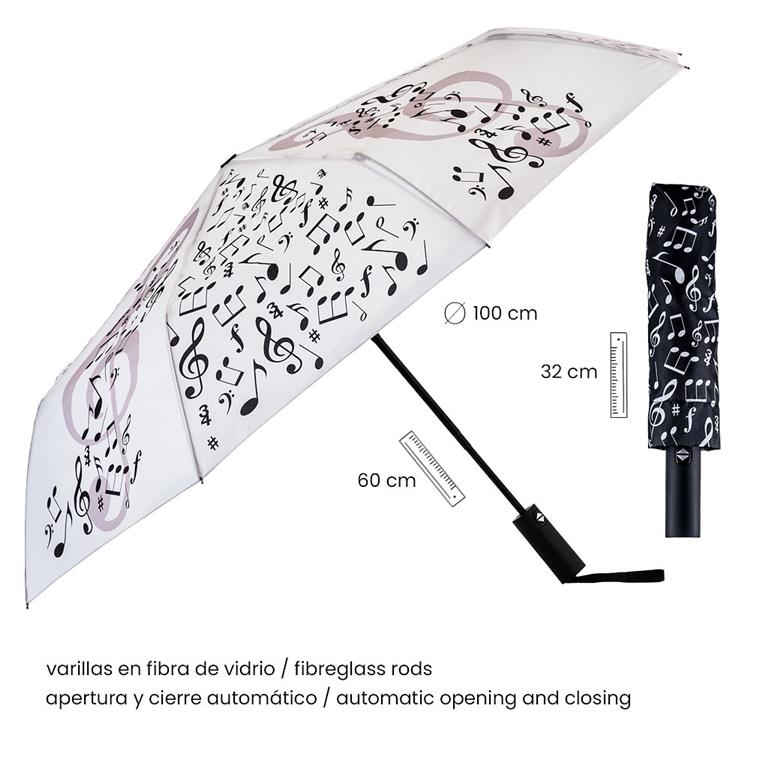 Folding Umbrella White with Black Notes and Clefs
