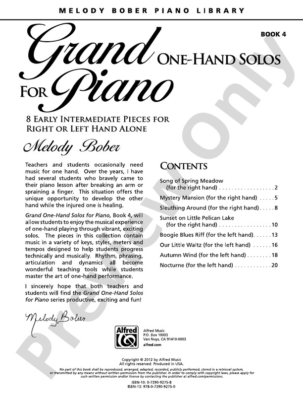 Grand One-Hand Solos for Piano, Book 4: 8 Early Intermediate Pieces for Right or Left Hand Alone - Piano Solo (Digital Download)
