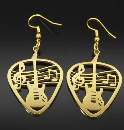 Gold Drop Earrings Guitar Pick Shape with a Guitar on a Stave