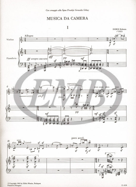 Dobos - Musica da Camera - Violin/Piano Accompaniment EMB Z4118