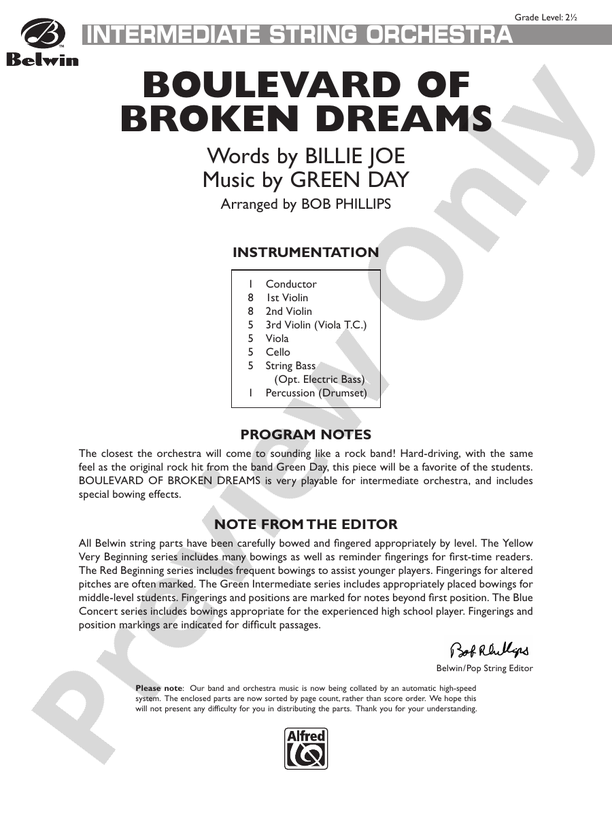 Boulevard of Broken Dreams - String Orchestra Conductor Score & Parts (Digital Download)