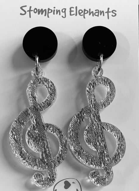 Stomping Elephants Large Silver Treble Clef Drop Earrings