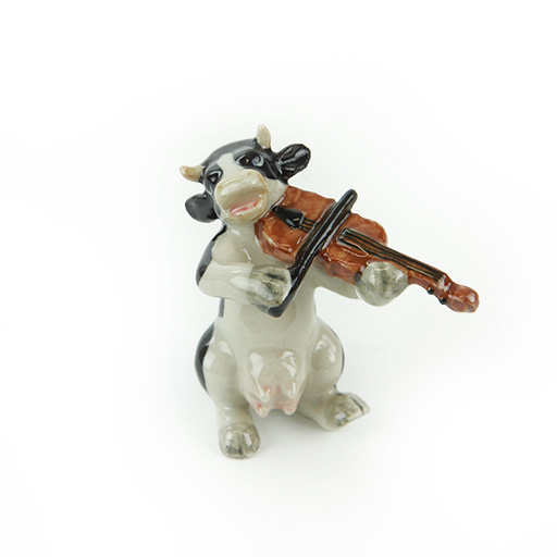 Happy Cow Playing the Violin Porcelain Figurine