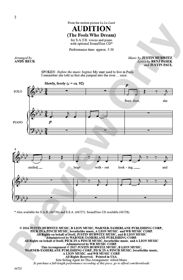 Audition (The Fools Who Dream) – SATB Choral Octavo (Digital Download)