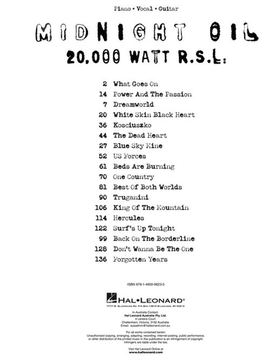 20,000 Watt R.S.L. - Midnight Oil - P/V/G - Hal Leonard