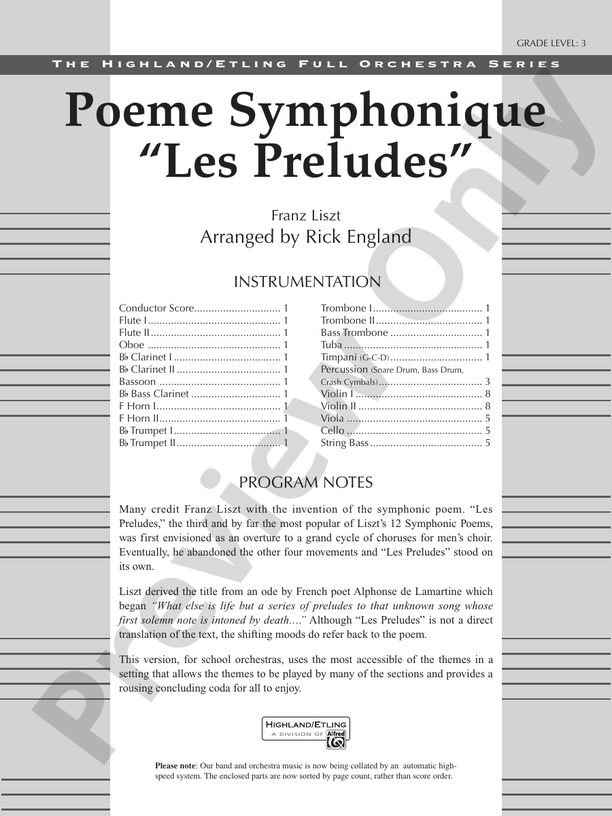 Poeme Symphonique "Les Preludes" – Full Orchestra Conductor Score & Parts (Digital Download)