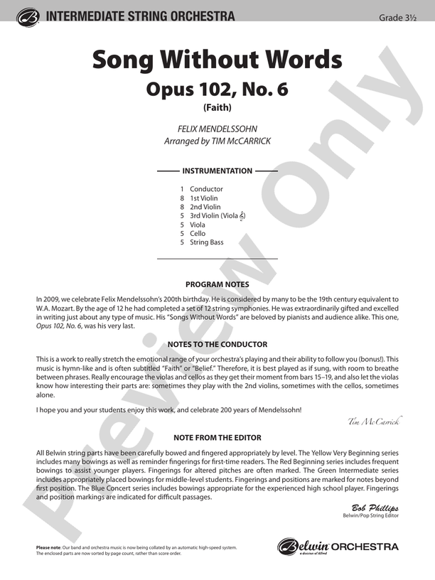 Song Without Words, Opus 102, No. 6 (Faith) – String Orchestra Conductor Score & Parts (Digital Download)