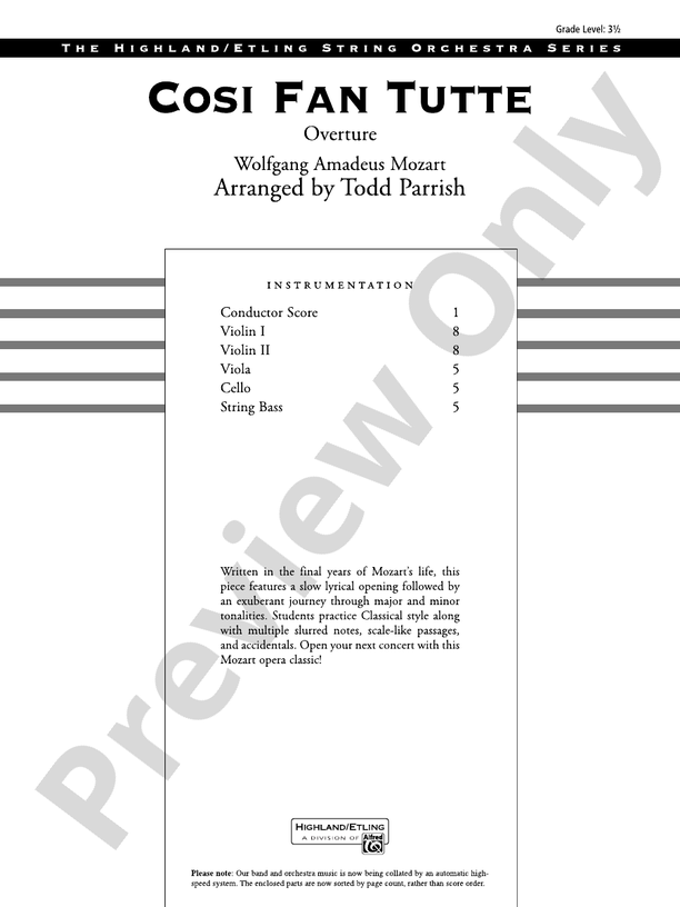 Cosi Fan Tutte – String Orchestra Conductor Score & Parts (Digital Download)