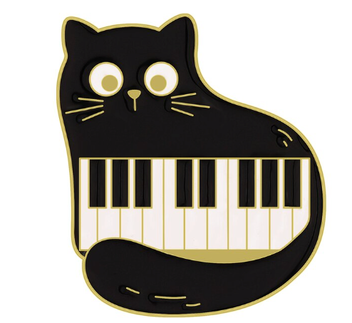 Piano Pin/Brooch Black Enamel Cat Cuddling a Keyboard
