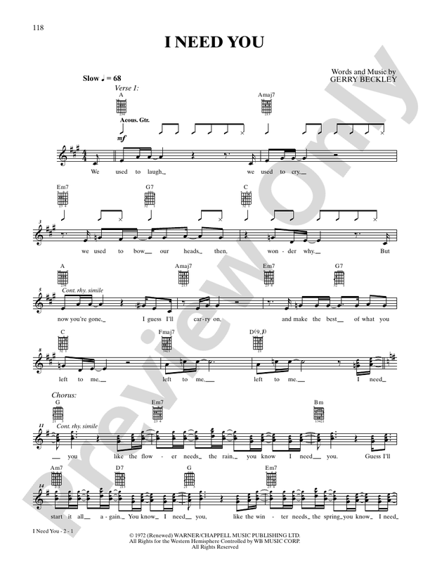 I Need You - Interm./Easy Guitar TAB (Digital Download)