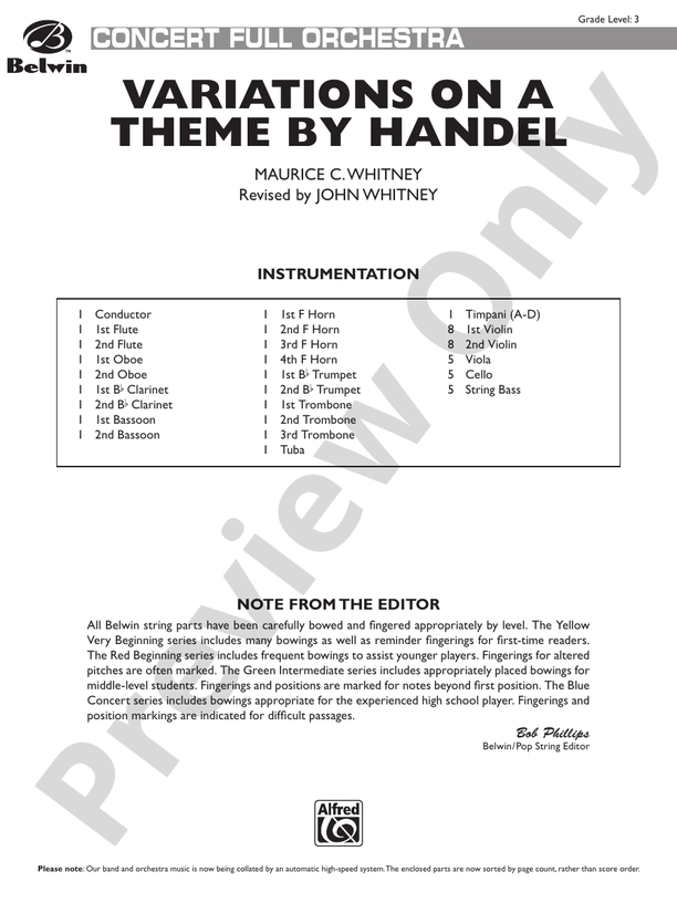 Variations on a Theme by Handel - Full Orchestra Conductor Score & Parts (Digital Download)