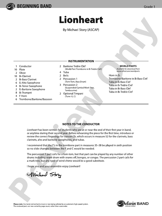 Lionheart - Concert Band Conductor Score & Parts (Digital Download)