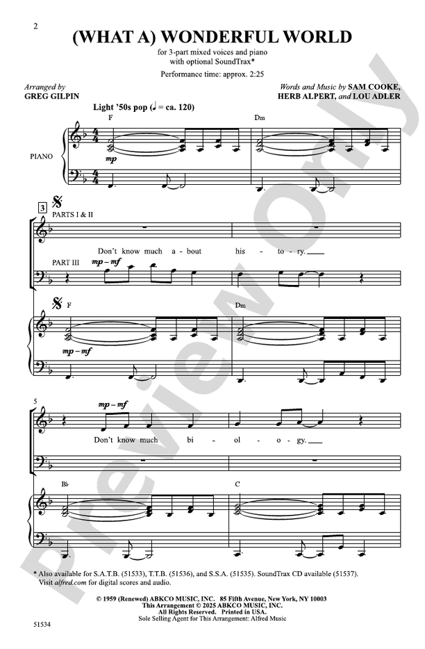 (What a) Wonderful World - 3 Part Mixed Choral Octavo (Digital Download)