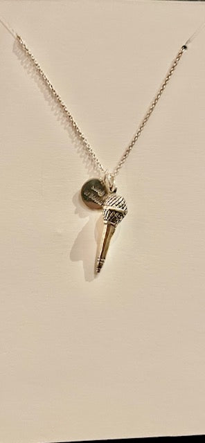 Sterling Silver Chain & Pendant -  Microphone & silver dish “Sing it Loud” 40cm chain with 5cm extender.
