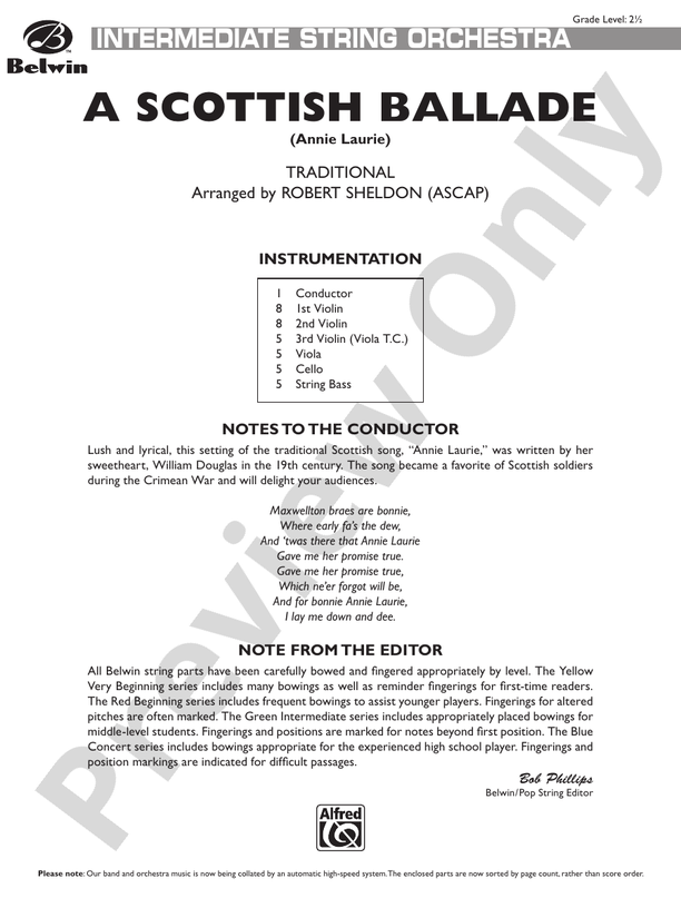 A Scottish Ballade (Annie Laurie) – String Orchestra Conductor Score & Parts (Digital Download)