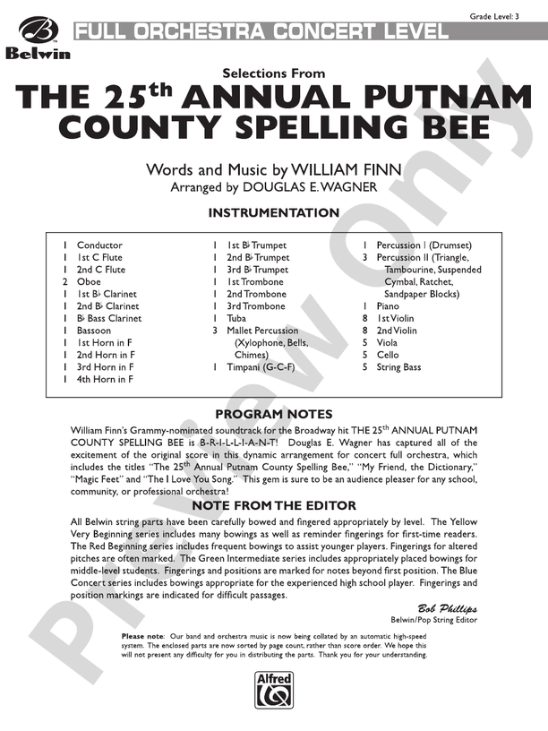 The 25th Annual Putnam County Spelling Bee,™ Selections from – Full Orchestra Conductor Score & Parts (Digital Download)