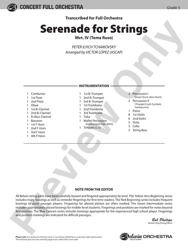 Serenade for Strings Mvt. IV Finale (Tema Ruso) – Full Orchestra Conductor Score & Parts (Digital Download)