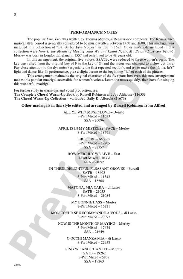 Fire, Fire – SSA, a cappella Choral Octavo (Digital Download)