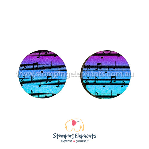 Stomping Elephant Music Stud Earrings Wooden Ombre Manuscript Blue and Purple