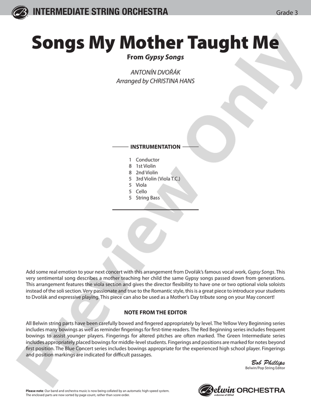 Songs My Mother Taught Me (from "Gypsy Songs") – String Orchestra Conductor Score & Parts (Digital Download)