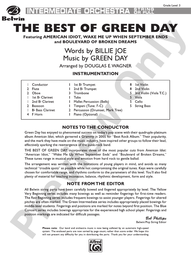 The Best of Green Day – Full Orchestra Conductor Score & Parts (Digital Download)