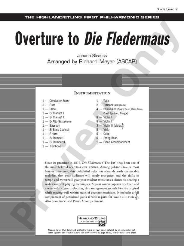 Overture to Die Fledermaus – Full Orchestra Conductor Score & Parts (Digital Download)