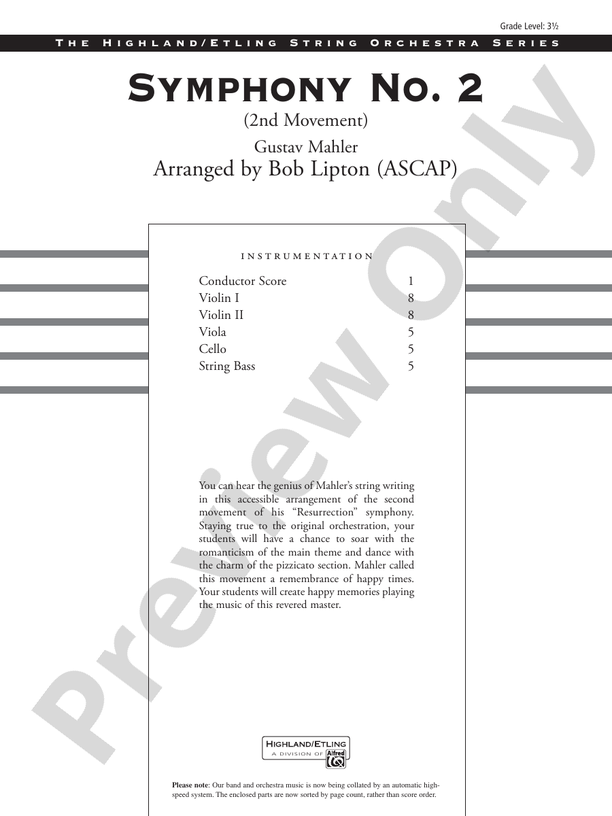 Symphony No. 2 (2nd Movement) – String Orchestra Conductor Score & Parts (Digital Download)