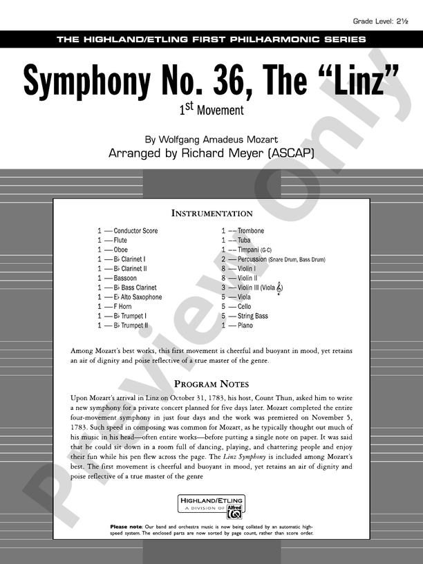 Symphony No. 36, The "Linz" – Full Orchestra Conductor Score & Parts (Digital Download)