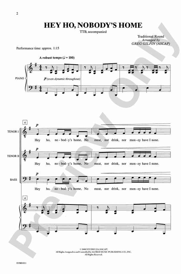 Hey Ho, Nobody's Home – TTB Choral Octavo (Digital Download)