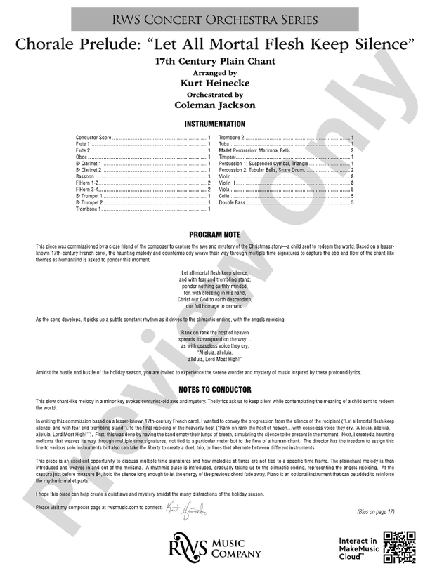 Chorale Prelude: Let All Mortal Flesh Keep Silence - Full Orchestra Conductor Score & Parts (Digital Download)