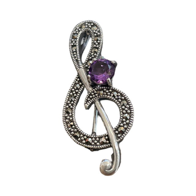 Marcasite Treble Clef Brooch and Pendant with an Amethyst Stone