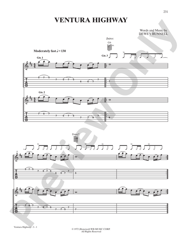 Ventura Highway - Interm./Easy Guitar TAB (Digital Download)