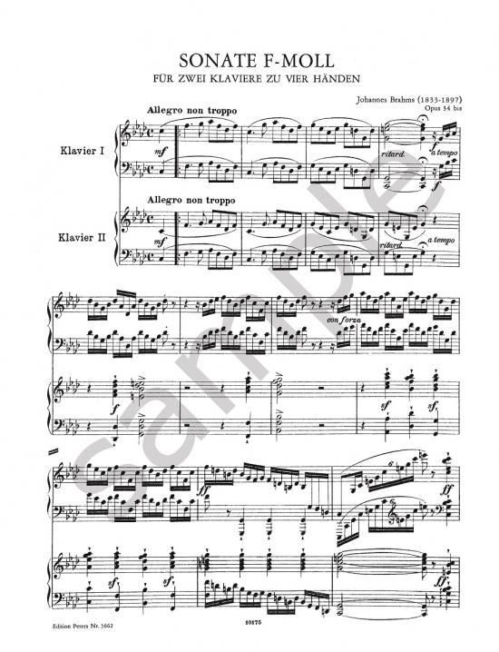 Brahms - Sonata Op34B Fmin (After Quintet Op34) - 2 Pianos 4 Hands - Peters EP3662