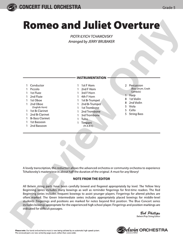 Romeo and Juliet Overture – Belwin Full Orchestra Conductor Score & Parts (Digital Download)