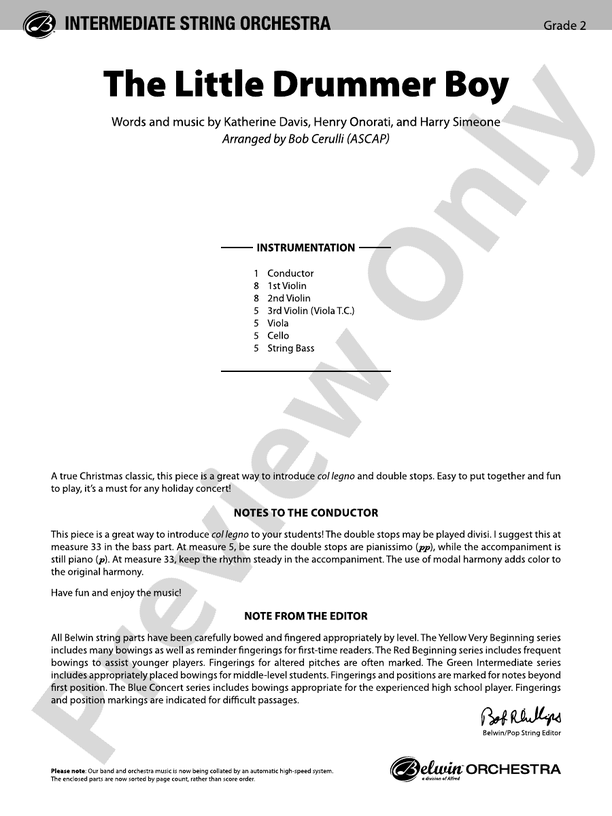 The Little Drummer Boy (Grade 2.5) - String Orchestra Conductor Score & Parts (Digital Download)